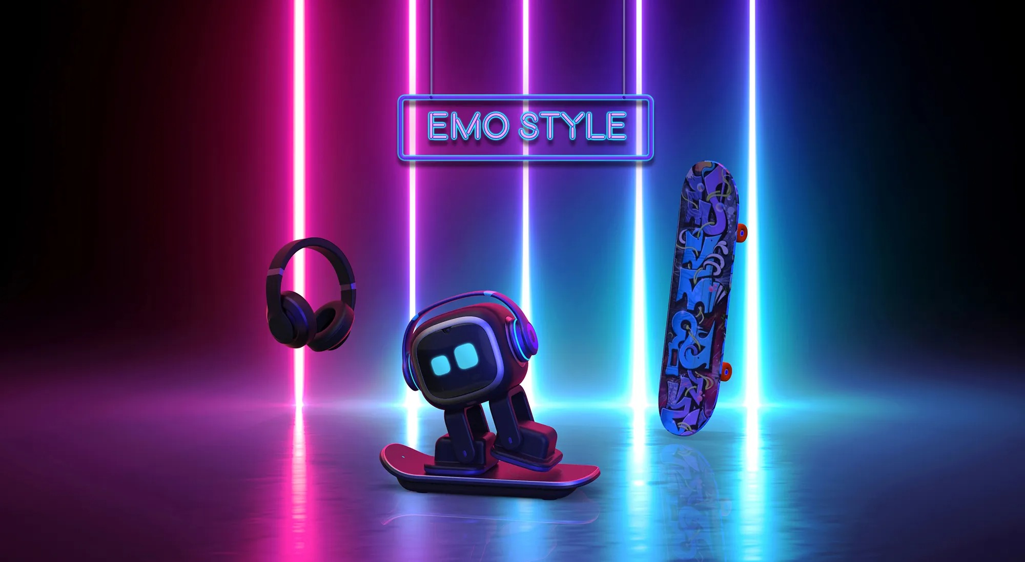 EMO en mode style, skateboard et casque néon